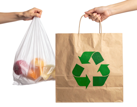 Hands exchanging a plastic bag for a brown paper bag with a recycling symbol