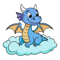 Cartoon Blue Dragon with Purple Wings Sitting on a Cloud