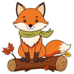 Cartoon Fox with Green Scarf Sitting on a Log in Autumn