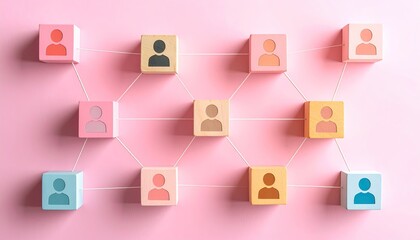Connected people blocks on a pink background