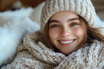 Woman in knitted hat and scarf.