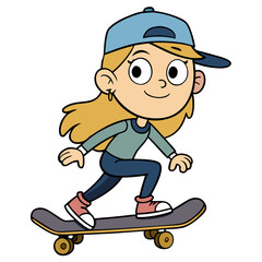 Cartoon Girl Skateboarding with Cap and Sneakers