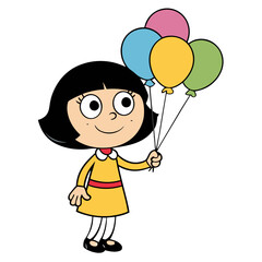 Cartoon Girl with Colorful Balloons in Yellow Dress