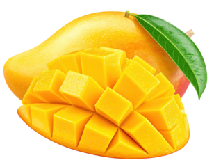 Ripe mango, diced into cubes, with a leaf