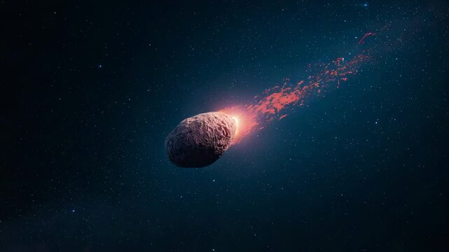 Drifting lone rocky meteor heating up, glowing in starfield, trailing ember debris with plasma tail