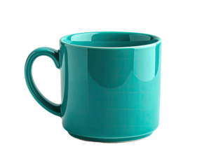 Teal mug with handle, glossy finish and textured surface