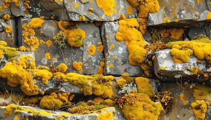 Gray stones covered in yellow lichen and moss