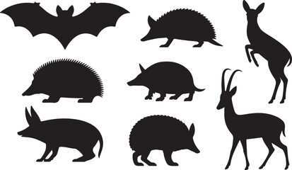 Bat, Hedgehog, Armadillo, Antelope silhouette vector