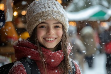 Young girl smiling in the snow.