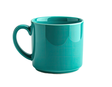 Teal mug with handle, glossy finish and textured surface