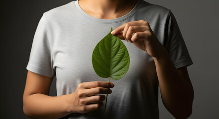 Green Energy, Renewable and Sustainable Resources. Environmental and Ecology Care Concept. Close up of Hand Holding a Heart Shape Green Leaf on Chest
