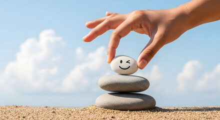 Enjoying Life Concept. Harmony and Positive Mind. Hand Setting Natural Pebble Stone with Smiling Face Cartoon to Balance on Beach Sand. Balancing Body, Mind, Soul and Spirit. Mental Health Practice