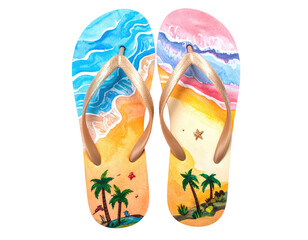 Pair of flip-flops decorated with a watercolor beach scene