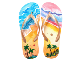 Pair of flip-flops decorated with a watercolor beach scene