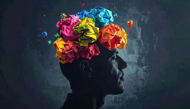 Silhouette head, colorful crumpled paper, creative concept - Powered by Adobe