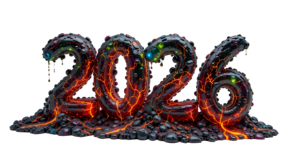 2026 New Year Lava Rock Numbers PNG Transparent Background Dark Molten Digits with Glowing Cracks and Embedded Gem Accents
