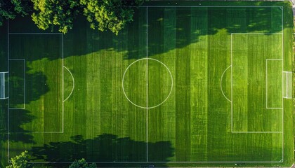 High-angle view of a soccer field, vibrant green grass, marked lines