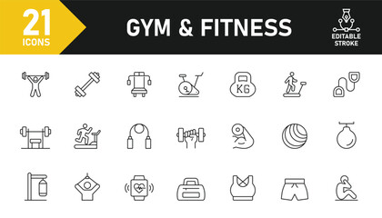 Gym and Fitness line icon set. Set of 21 outline icons related to gym, fitness, dumbbell, barbell, treadmill, sports equipment and others. Editable stroke. Vector illustration.