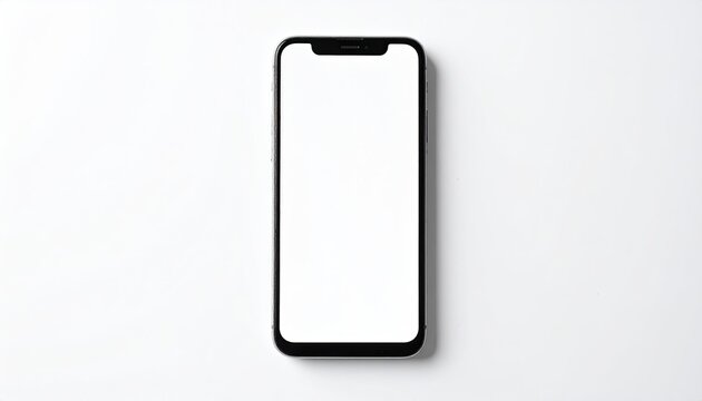A black smartphone with a blank white screen, positioned upright on a white surface