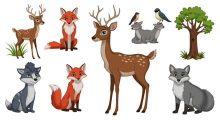 Forest Animals: Deer Foxes Wolves Birds and Tree Illustration.