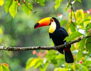 Obraz premium Colorful toucan perched on branch in lush forest