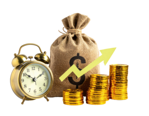 Vintage alarm clock, money bag, and gold coins representing financial growth