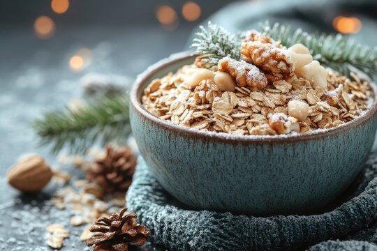 Bowl of granola with nuts and pine.