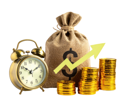 Vintage alarm clock, money bag, and gold coins representing financial growth