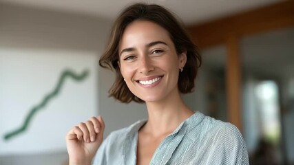 female entrepreneur celebrating small business growth with digital dashboard upward green line hope faint child laughter in background home office setting three quarter wide angle - Powered by Adobe