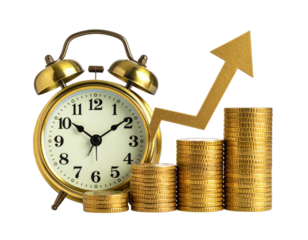 Gold alarm clock with rising gold coins