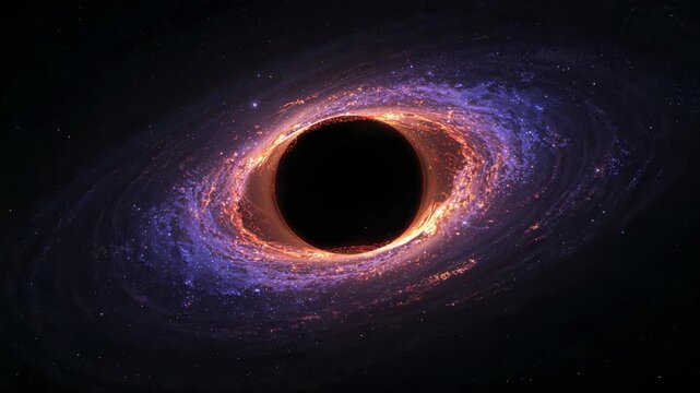 Gravity drawing plasma, rotating black hole swirling accretion disk pulsing in space with stars