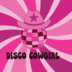 Retro disco cowgirl with vintage sunburst in pink, red and fuchsia. Illustration for bachelorette party invitations, posters and advertisement