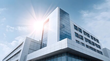 A contemporary architectural building exterior is illuminated by a bright sun with prominent flare against a clear blue sky