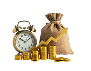 Gold alarm clock, money bag, and stacks of coins with upward trend