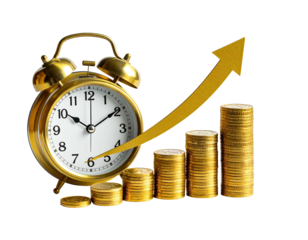 Gold alarm clock with upward trending coins