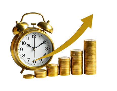 Gold alarm clock with upward trending coins