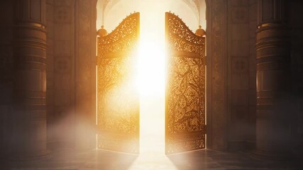 Glowing sunbeams opening gold doors in hall, revealing marble columns, floor and swirling dust - Powered by Adobe
