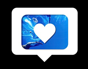 White speech bubble with a heart shape, overlaid with a vibrant blue abstract image