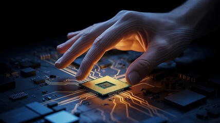 Human hand placing golden processor on circuit board