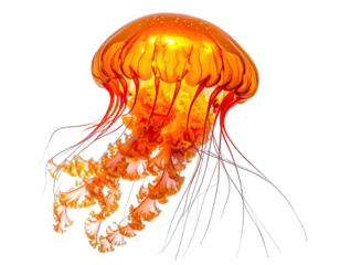 Vibrant orange jellyfish, translucent body, detailed tentacles