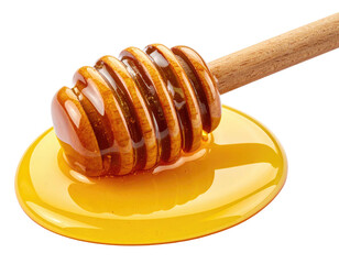 Honey dipper in a puddle of golden honey