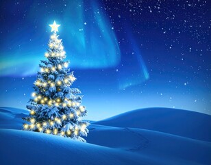 Christmas tree in snowy landscape under starry night sky with aurora borealis