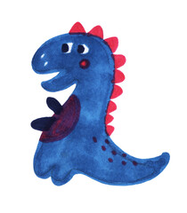 Cute watercolor blue dinosaur with red spikes and purple paws. Perfect for children's books, nursery decor, educational materials, greeting cards. Whimsical cartoon style character on white background