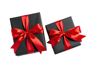 Two black gift boxes with red ribbon bows