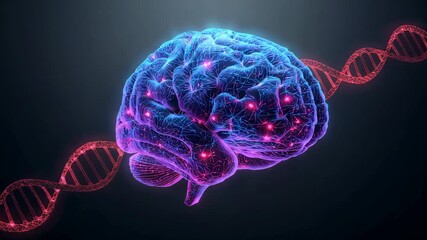 Rotating neon-brain model at start, pulsing nodes revealing neural network in space, red DNA helix - Powered by Adobe