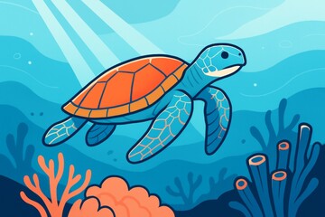 Naklejka premium Colorful sea turtle swimming in ocean with coral reef and light rays on a creative aquatic background. Ai generative. Ai generative