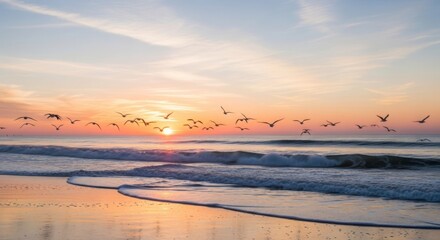 Obraz premium Birds flying over ocean waves at sunset with a colorful sky and beach reflecting the light beautifully