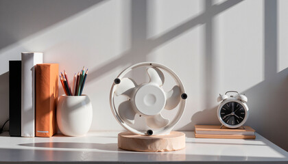 Modern acrylic desktop fan on white table with stationery and clock in sunlit office, refined home decor
 