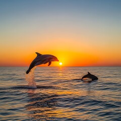 Fototapeta premium Dolphins Jumping at Sunset.