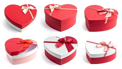 Six heart-shaped gift boxes, various colors and orientations